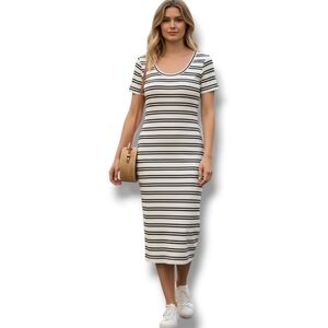 No Comment women's white striped side slit bodycon midi dress - small